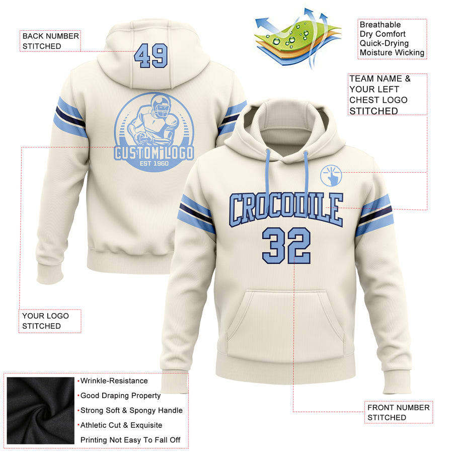 Custom Stitched Cream Light Blue-Navy Football Pullover Sweatshirt Hoodie