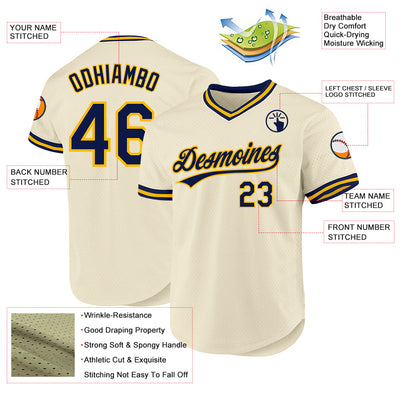 Custom Cream Navy-Gold Authentic Throwback Baseball Jersey