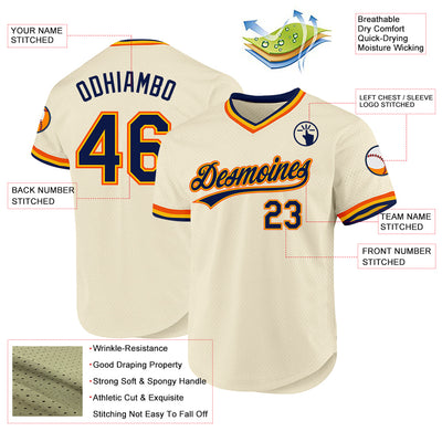 Custom Cream Navy Gold-Orange Authentic Throwback Baseball Jersey