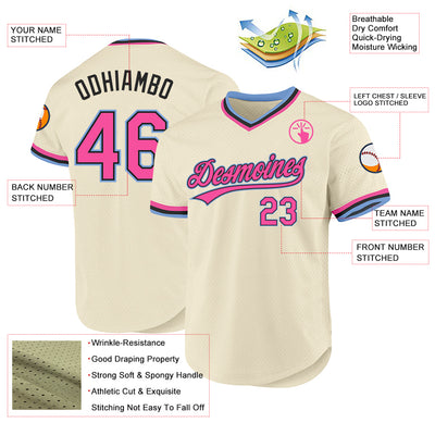 Custom Cream Pink Black-Light Blue Authentic Throwback Baseball Jersey