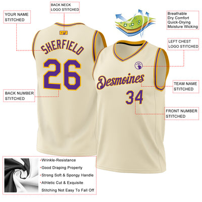 Custom Cream Purple-Gold Authentic Throwback Basketball Jersey