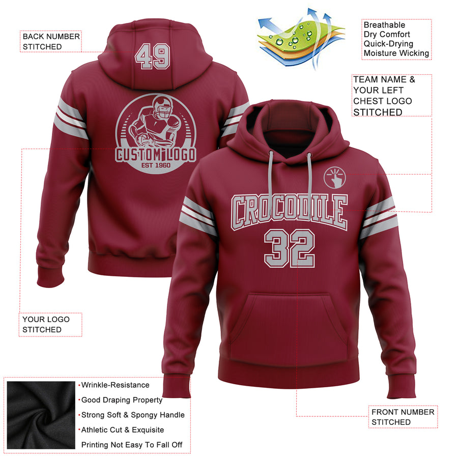 Custom Stitched Crimson Gray-White Football Pullover Sweatshirt Hoodie