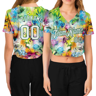 Custom Women's Graffiti Pattern White-Kelly Green Scratch 3D V-Neck Cropped Baseball Jersey