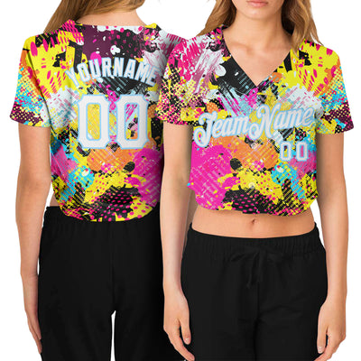 Custom Women's Graffiti Pattern White-Light Blue Bright Psychedelic 3D V-Neck Cropped Baseball Jersey