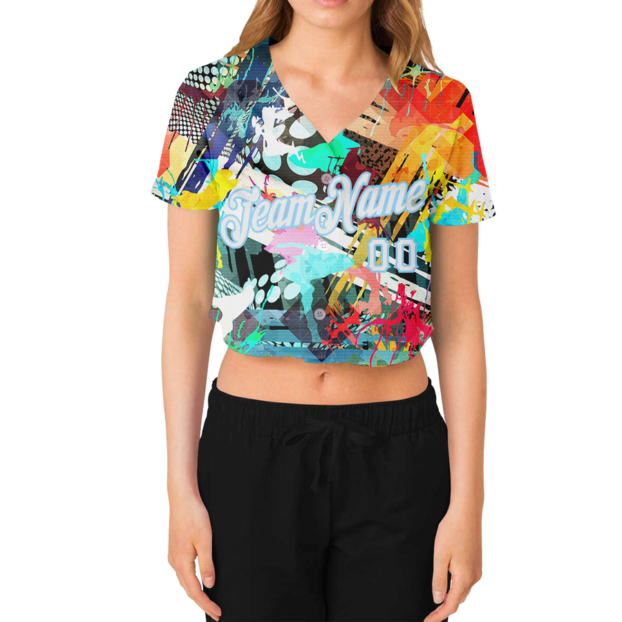 Custom Women's Graffiti Pattern White-Light Blue Colored Abstract 3D V-Neck Cropped Baseball Jersey