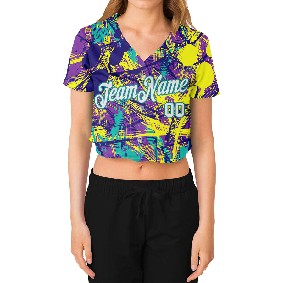 Custom Women's Graffiti Pattern White-Aqua Abstract Urban 3D V-Neck Cropped Baseball Jersey