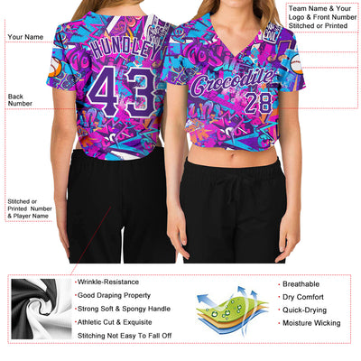 Custom Women's Graffiti Pattern Purple-White Words 3D V-Neck Cropped Baseball Jersey