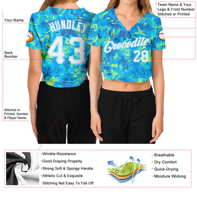 Custom Women's Graffiti Pattern White-Light Blue Scratch 3D V-Neck Cropped Baseball Jersey