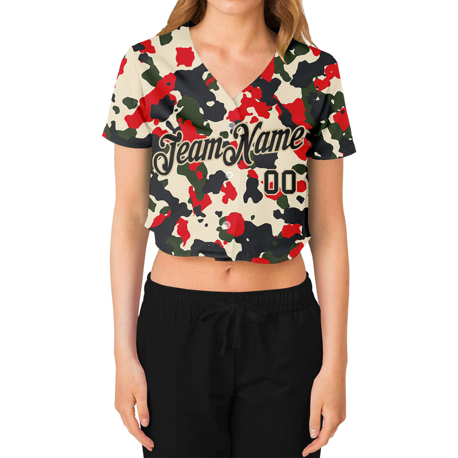 Custom Women's Camo Black-Cream Salute To Service 3D V-Neck Cropped Baseball Jersey