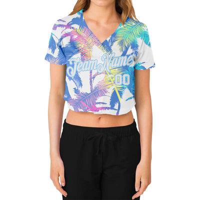 Custom Women's White White-Light Blue Hawaii Palm Trees 3D V-Neck Cropped Baseball Jersey