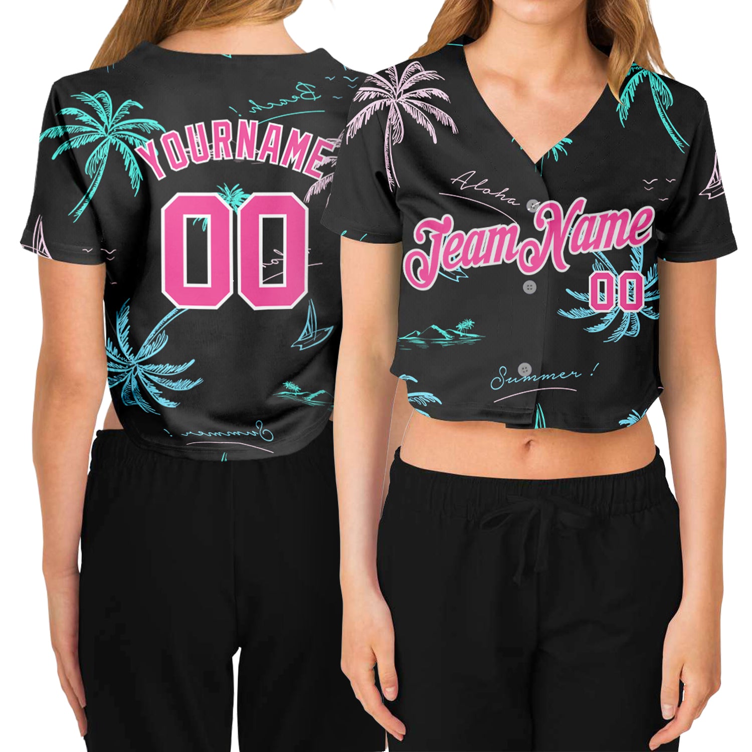 Custom Women's Black Pink-White Hawaii Palm Trees 3D V-Neck Cropped  Baseball Jersey