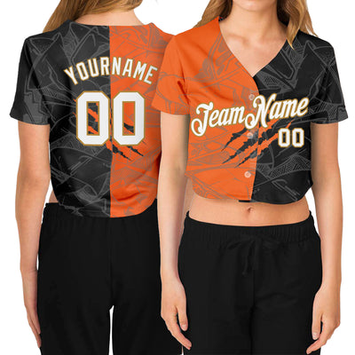 Custom Women's Graffiti Pattern White-Old Gold Scratch 3D V-Neck Cropped Baseball Jersey