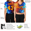 Custom Women's Red Gold Royal-Light Blue Flame 3D V-Neck Cropped Baseball Jersey