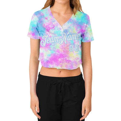 Custom Women's Tie Dye White-Light Blue Watercolor Gradient 3D V-Neck Cropped Baseball Jersey