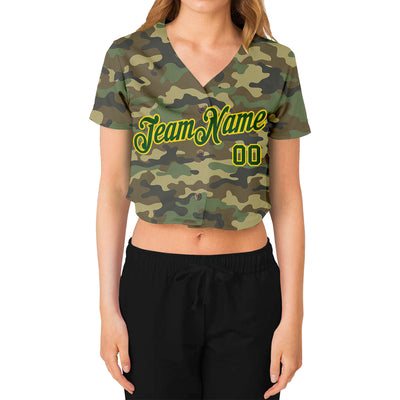 Custom Women's Camo Green-Gold Salute To Service 3D V-Neck Cropped Baseball Jersey