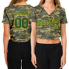 Custom Women's Camo Green-Gold Salute To Service 3D V-Neck Cropped Baseball Jersey