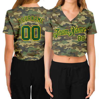 Custom Women's Camo Green-Gold Salute To Service 3D V-Neck Cropped Baseball Jersey