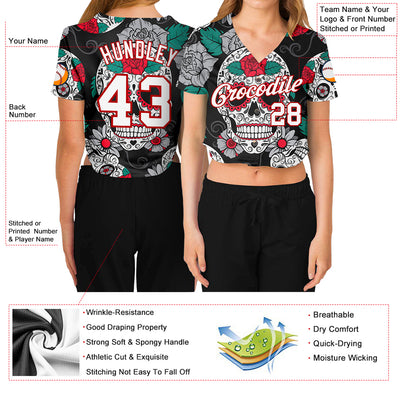 Custom Women's Graffiti Pattern White-Red Skull Fashion 3D V-Neck Cropped Baseball Jersey