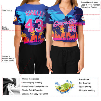 Custom Women's Royal Pink-Light Blue Hawaii Palm Trees 3D V-Neck Cropped Baseball Jersey