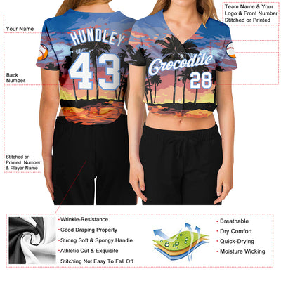 Custom Women's Light Blue White-Light Blue Hawaii Palm Trees 3D V-Neck Cropped Baseball Jersey