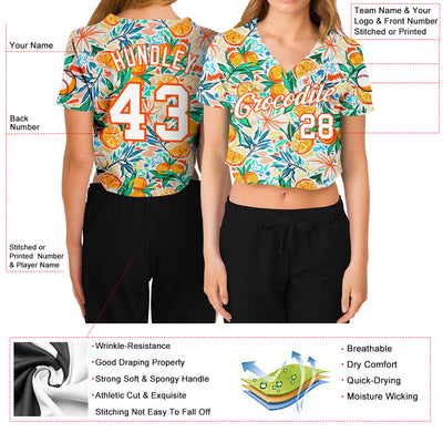 Custom Women's White White-Orange Fruits 3D V-Neck Cropped Baseball Jersey