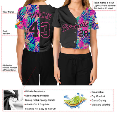 Custom Women's Black Black-Pink Summer 3D V-Neck Cropped Baseball Jersey