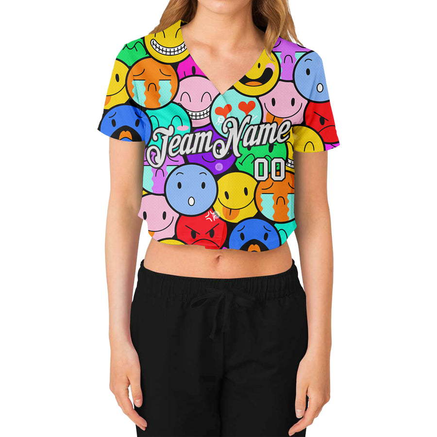 Custom Women's Colorful White-Black Emoji 3D V-Neck Cropped Baseball Jersey