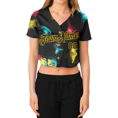 Custom Women's Graffiti Pattern Black-Gold 3D V-Neck Cropped Baseball Jersey