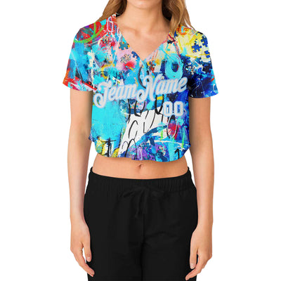 Custom Women's Graffiti Pattern White-Light Blue Multi Colored Mixed Media Art 3D V-Neck Cropped Baseball Jersey