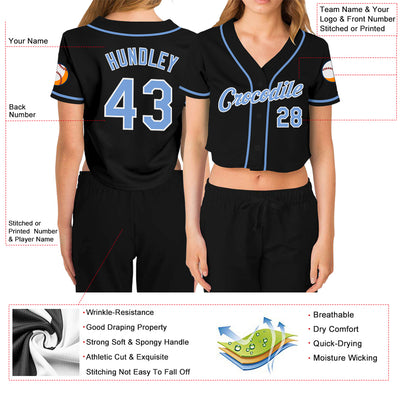 Custom Women's Black Light Blue-White V-Neck Cropped Baseball Jersey