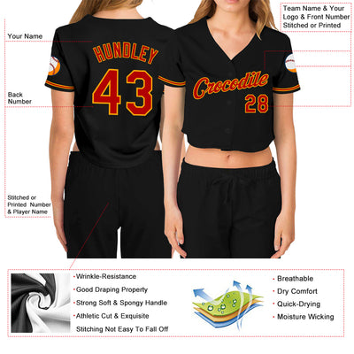 Custom Women's Black Red-Gold V-Neck Cropped Baseball Jersey