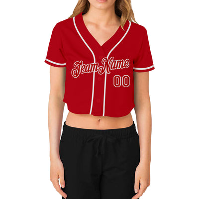 Custom Women's Red Red-White V-Neck Cropped Baseball Jersey