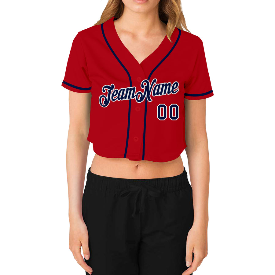 Custom Women's Red Navy-White V-Neck Cropped Baseball Jersey