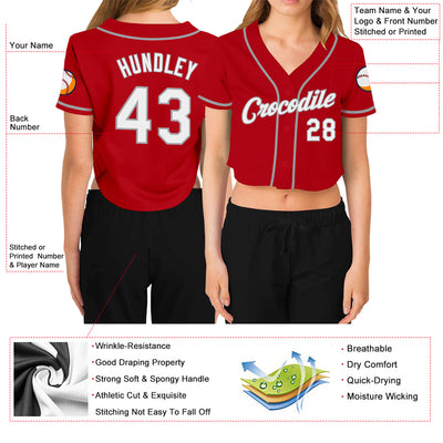 Custom Women's Red White-Gray V-Neck Cropped Baseball Jersey