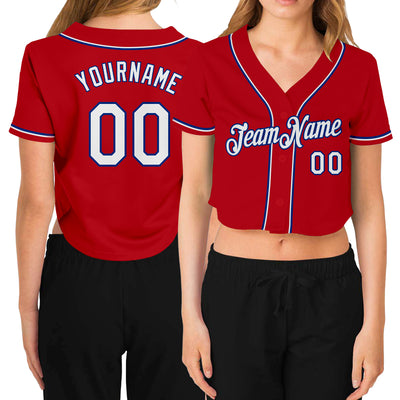 Custom Women's Red White-Royal V-Neck Cropped Baseball Jersey