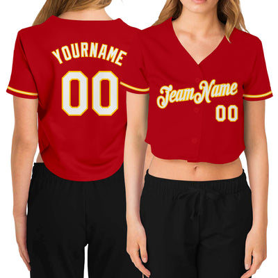 Custom Women's Red White-Gold V-Neck Cropped Baseball Jersey