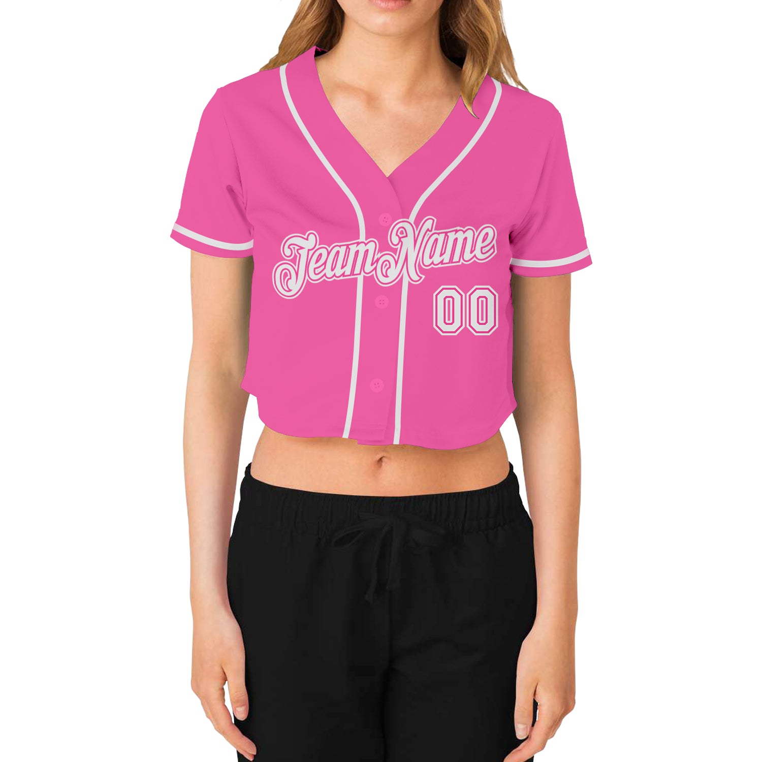 Custom Women's Pink White V-Neck Cropped Baseball Jersey