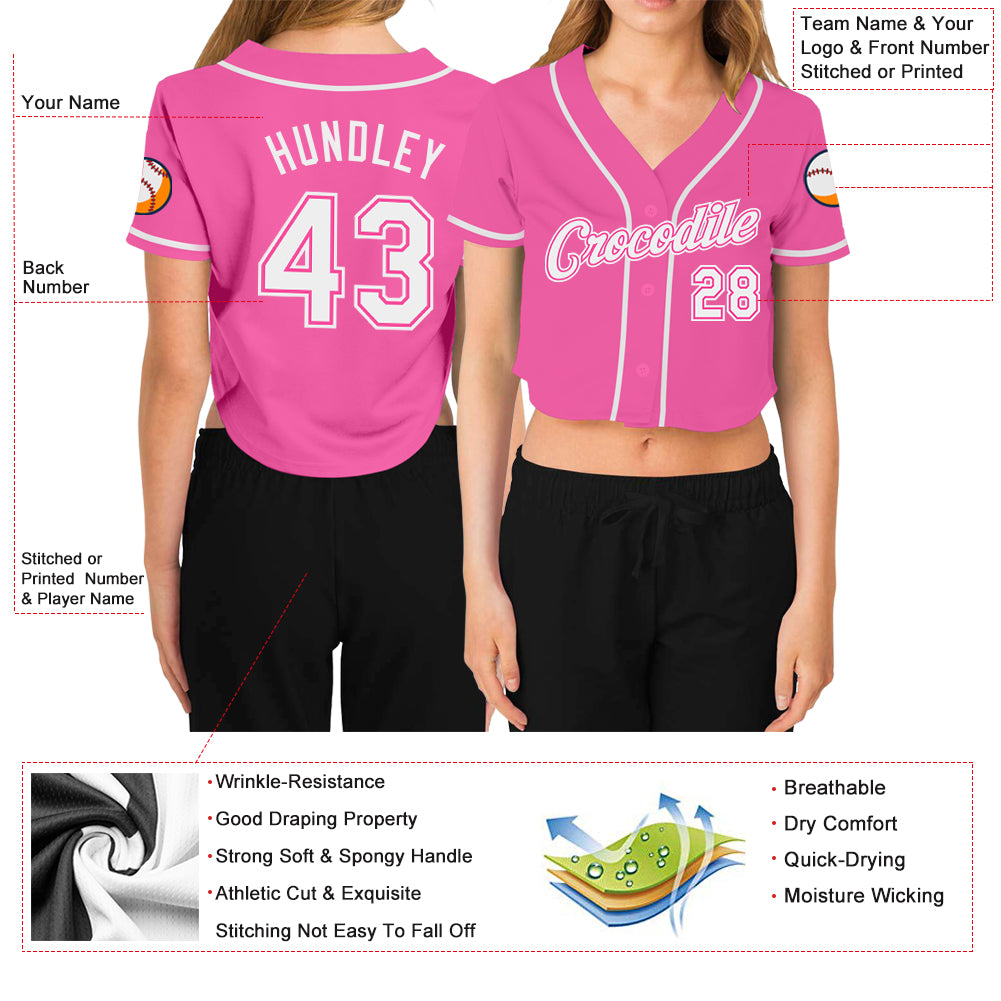 Custom Women's Pink White V-Neck Cropped Baseball Jersey