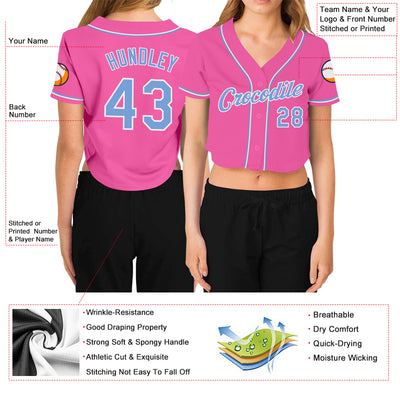 Custom Women's Pink Light Blue-White V-Neck Cropped Baseball Jersey