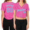 Custom Women's Pink Light Blue-White V-Neck Cropped Baseball Jersey