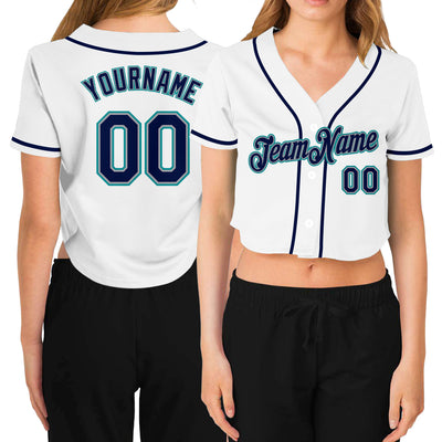 Custom Women's White Navy Gray-Aqua V-Neck Cropped Baseball Jersey