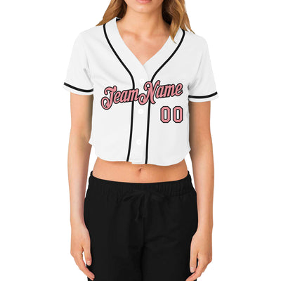 Custom Women's White Medium Pink-Black V-Neck Cropped Baseball Jersey