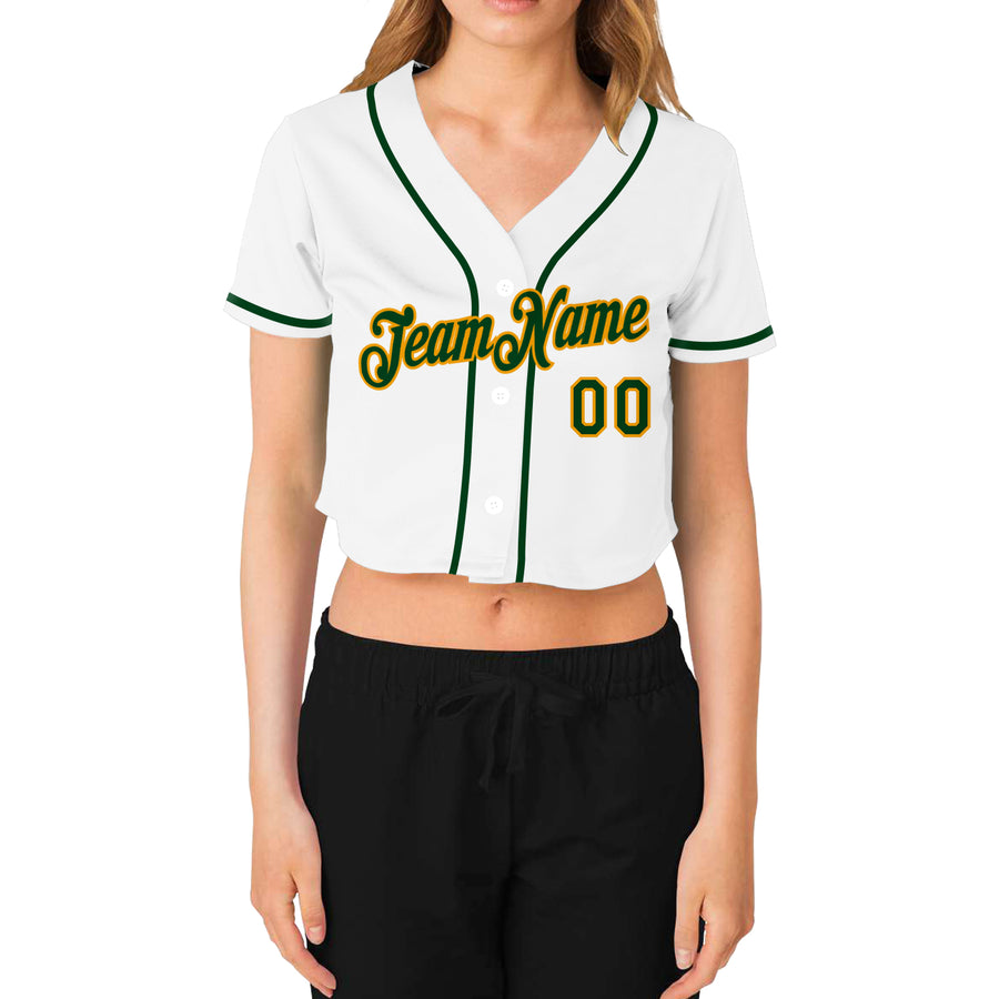 Custom Women's White Green-Gold V-Neck Cropped Baseball Jersey