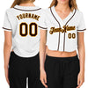 Custom Women's White Brown-Gold V-Neck Cropped Baseball Jersey