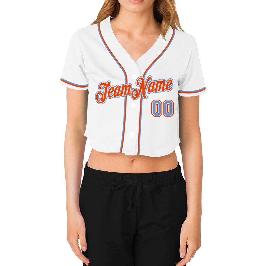 Custom Women's White Light Blue-Orange V-Neck Cropped Baseball Jersey