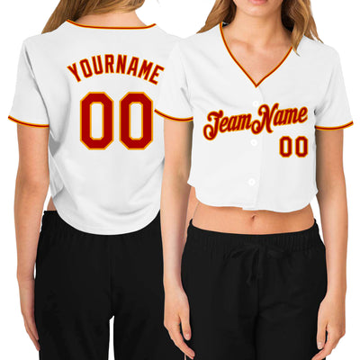 Custom Women's White Red-Gold V-Neck Cropped Baseball Jersey