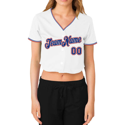 Custom Women's White Royal-Red V-Neck Cropped Baseball Jersey