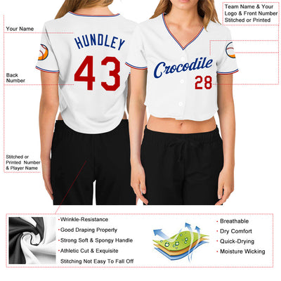 Custom Women's White Red-Royal V-Neck Cropped Baseball Jersey