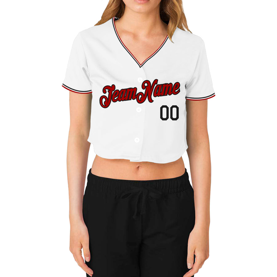 Custom Women's White Red-Black V-Neck Cropped Baseball Jersey