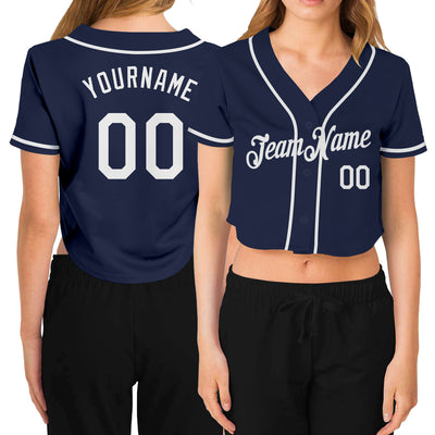 Custom Women's Navy White V-Neck Cropped Baseball Jersey